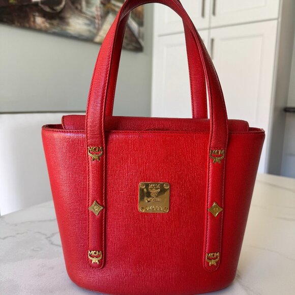 MCM Handbags - MCM München Red Pebbled Leather Small Tote Bag B9075